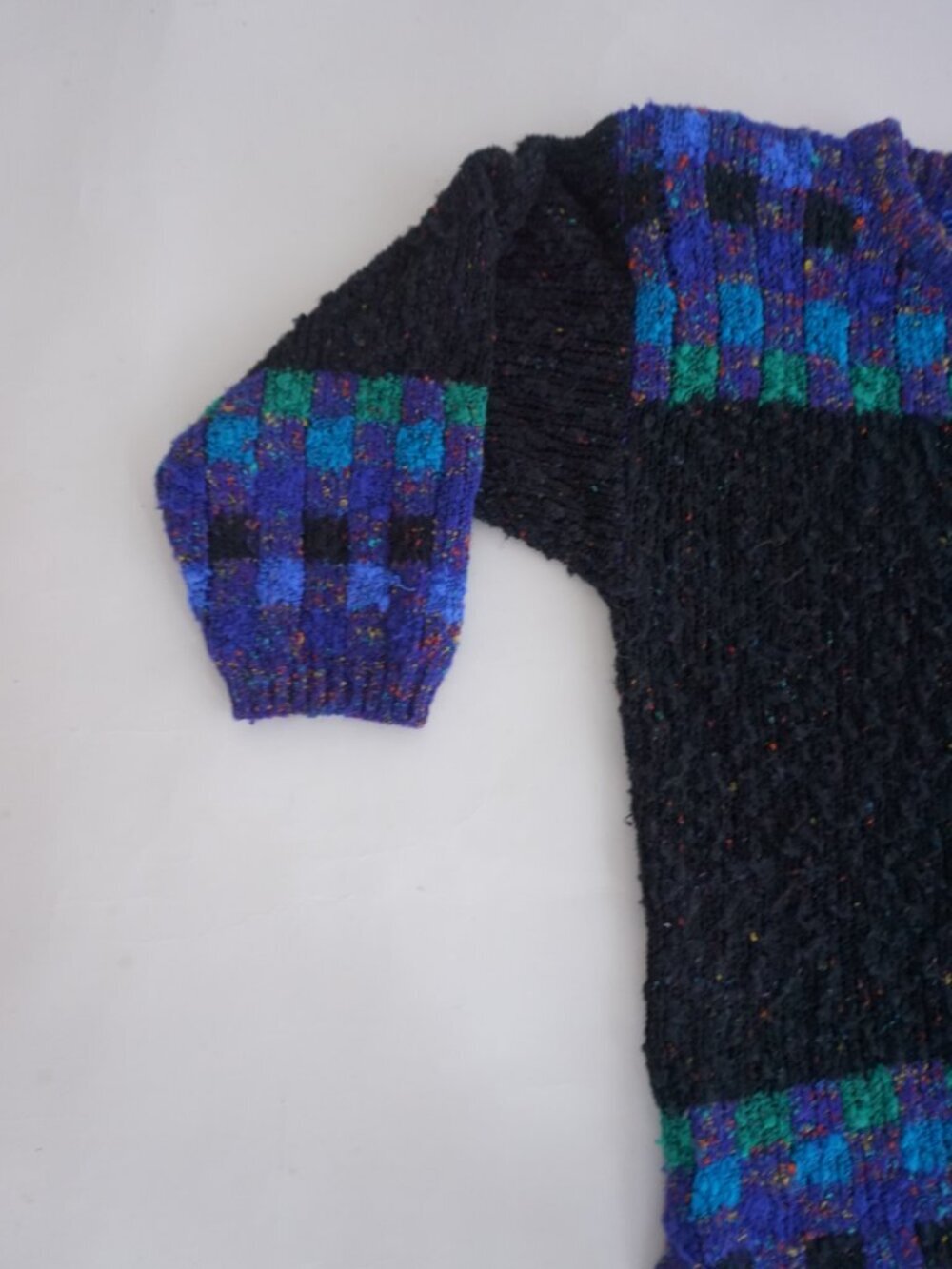 Vintage Black Knit Check Boucle Speckled Pocket Tunic Retro Shapes Sweater M - Picture 7 of 9